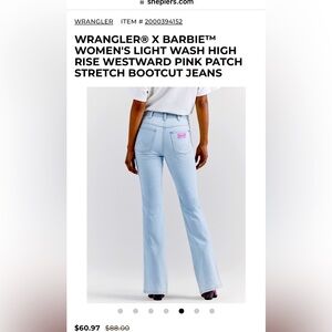 WRANGLER X BARBIE LIGHT WASH HIGH RISE WESTWARD PINK PATCH STRETCH BOOTCUT JEAN